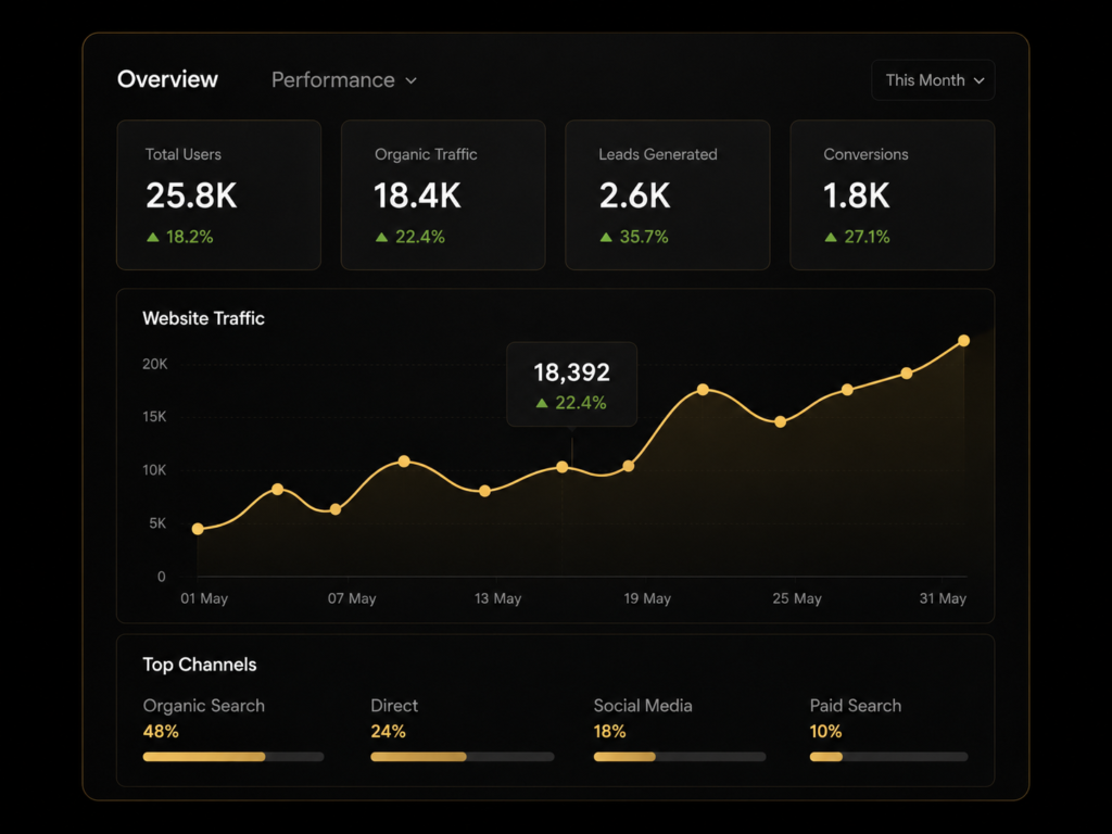 Digital marketing service in Chennai analytics dashboard showing website traffic, leads and conversions